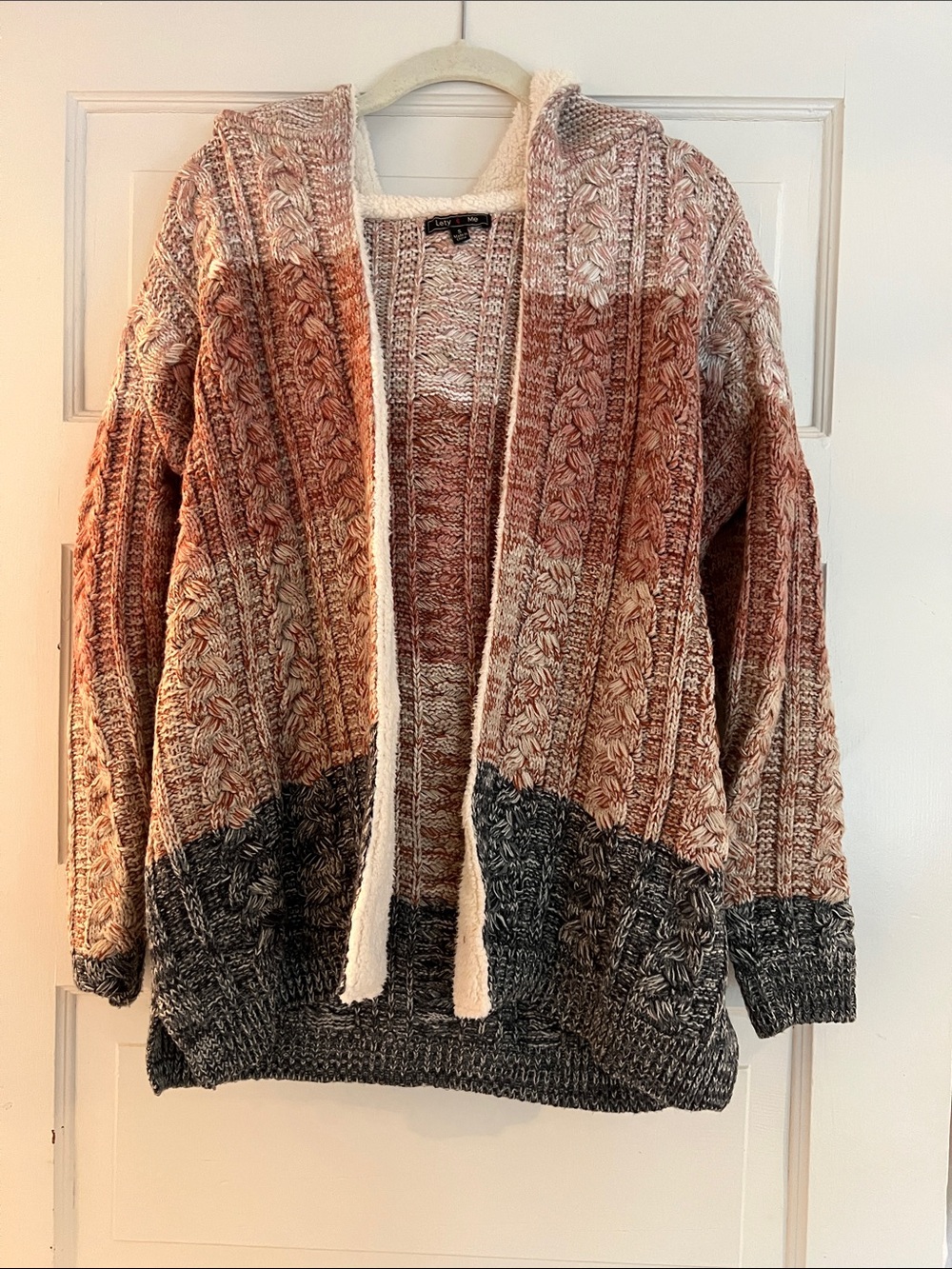 Plush Lined Open Knit Cardigan - Rust & Charcoal